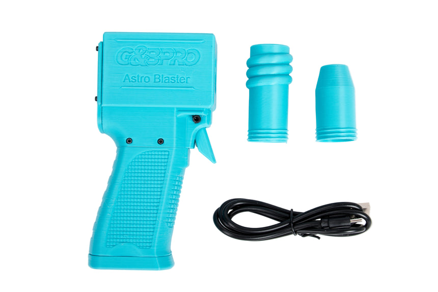 Turquoise Astro Blaster with attachments on a white background