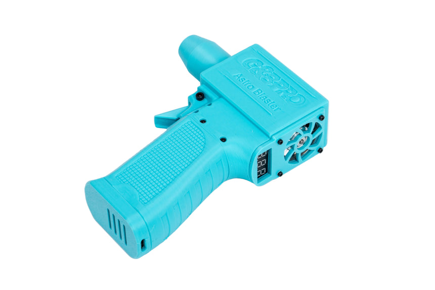 Turquoise plastic gun-like object on a white background