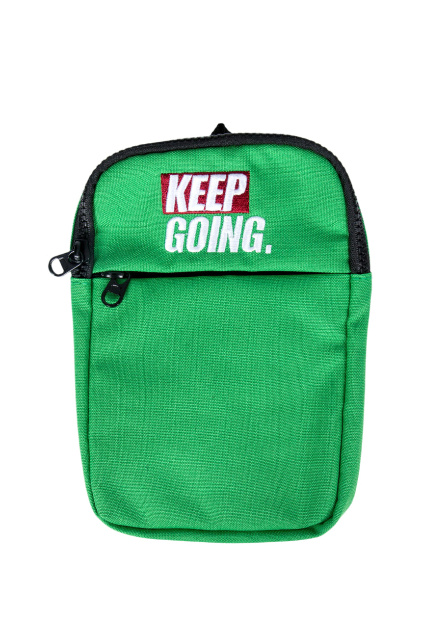 Green pouch with 'KEEP GOING.' text on a white background