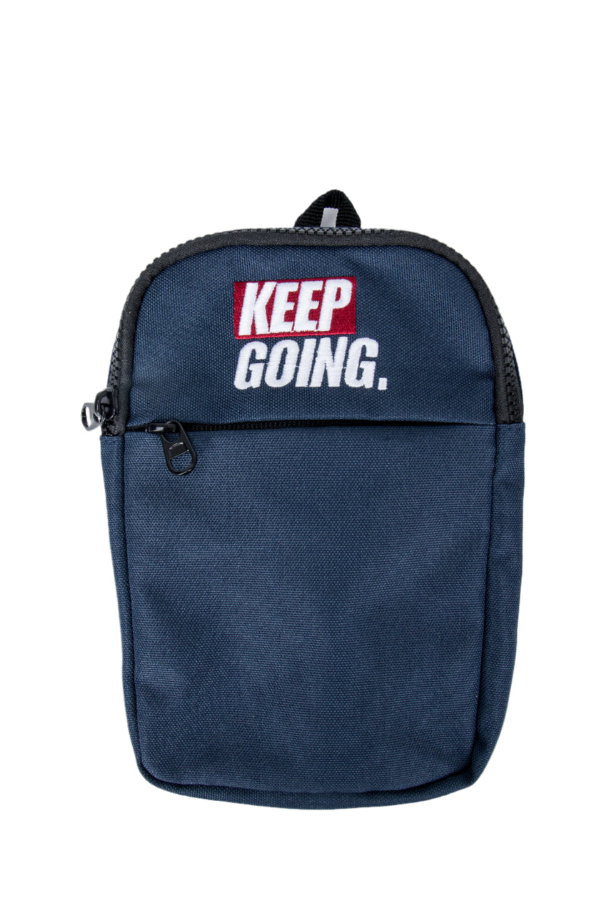 Navy blue backpack with 'KEEP GOING' text on a white background
