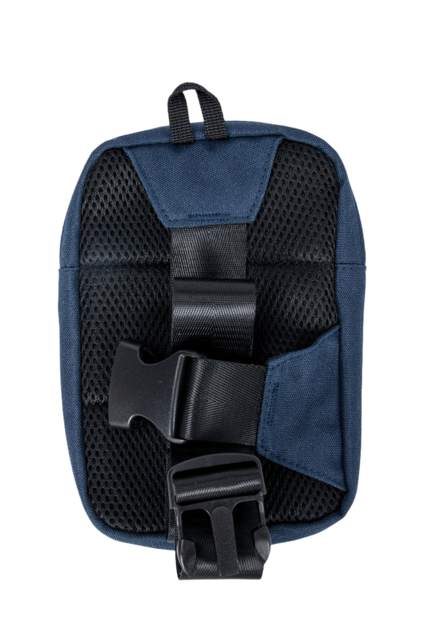 Blue and black seat cover with straps on a white background