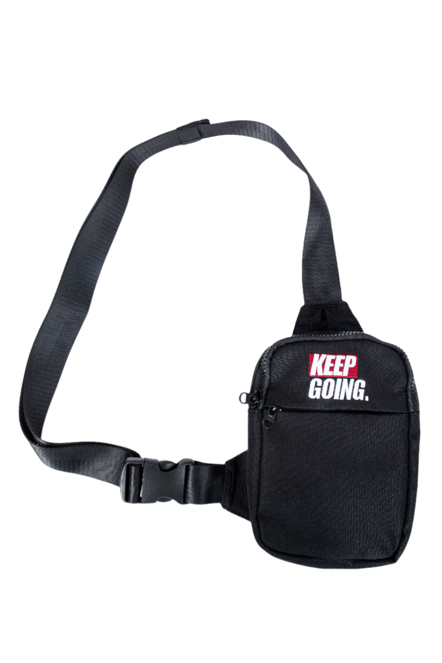 Black waist bag with 'KEEP GOING' text on a white background