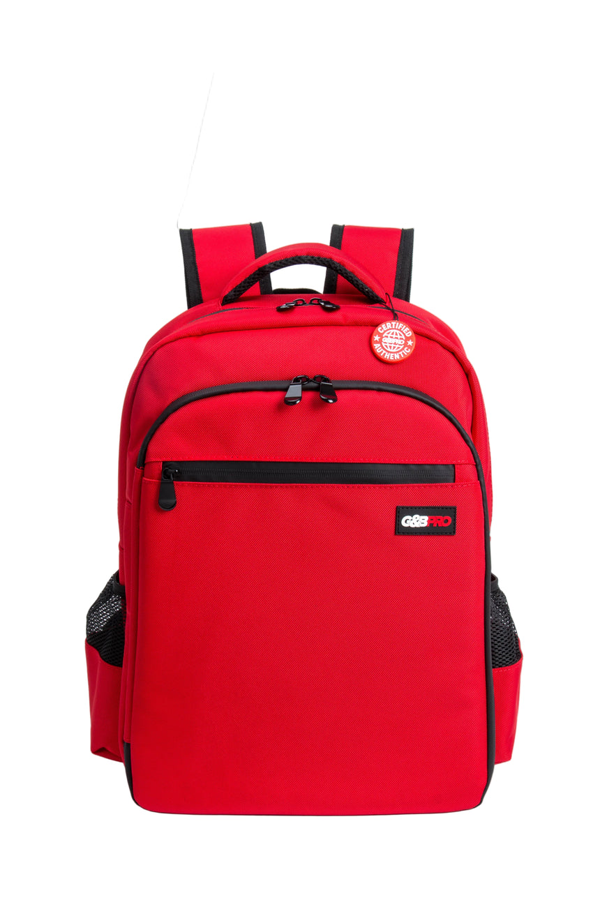 Red backpack with black accents on a white background
