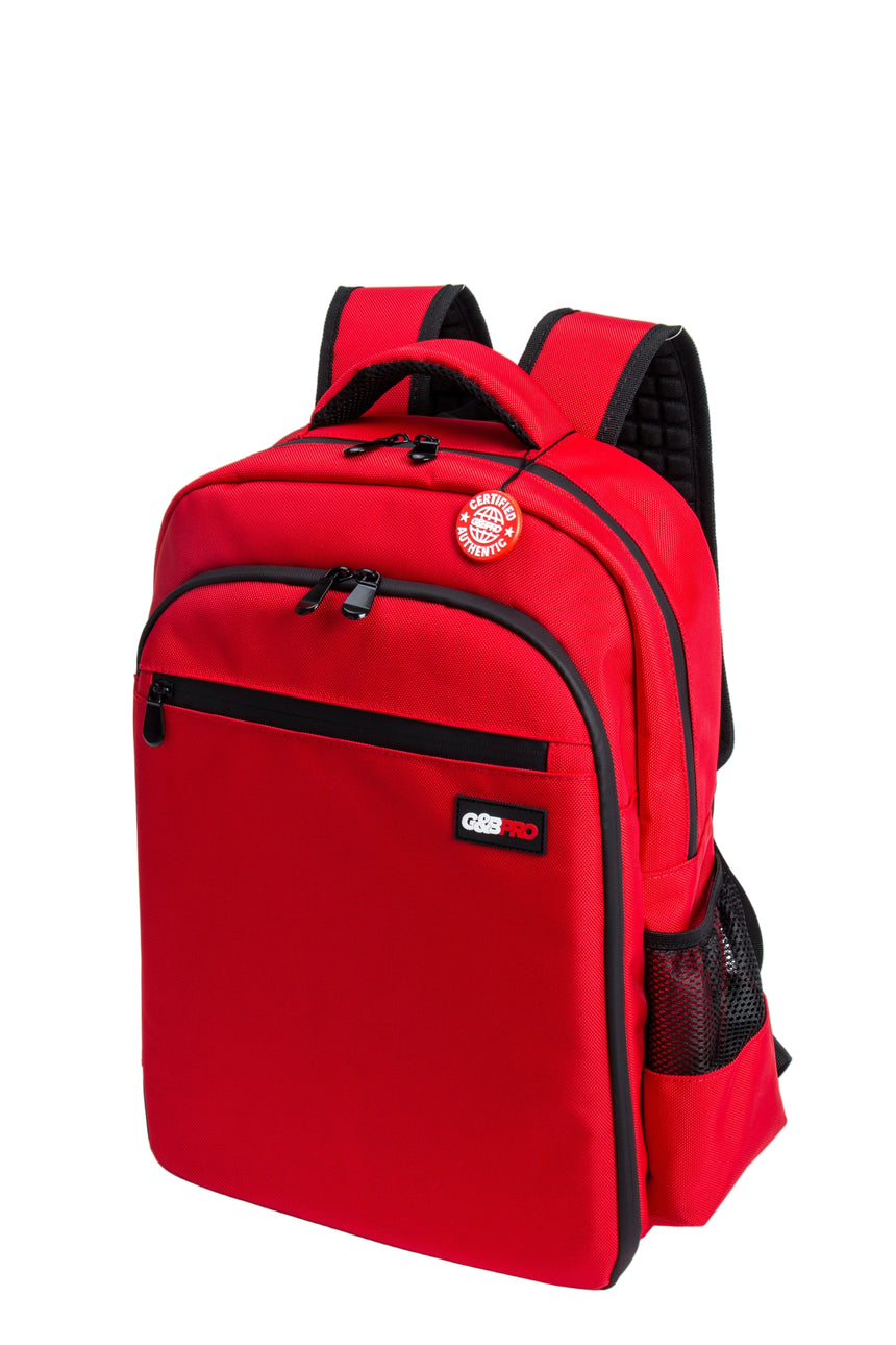 Red backpack with black accents on a white background