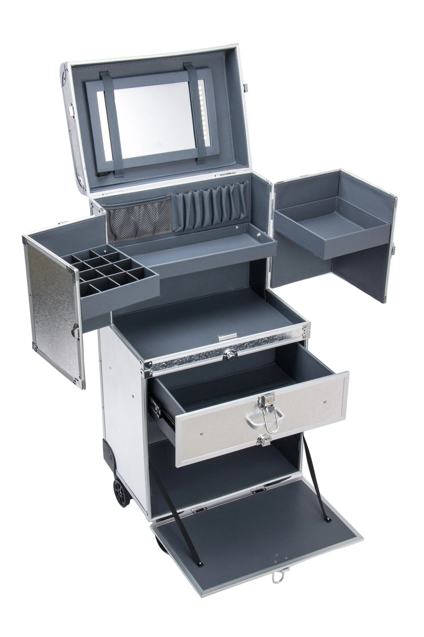 Metallic makeup case with multiple compartments on a white background