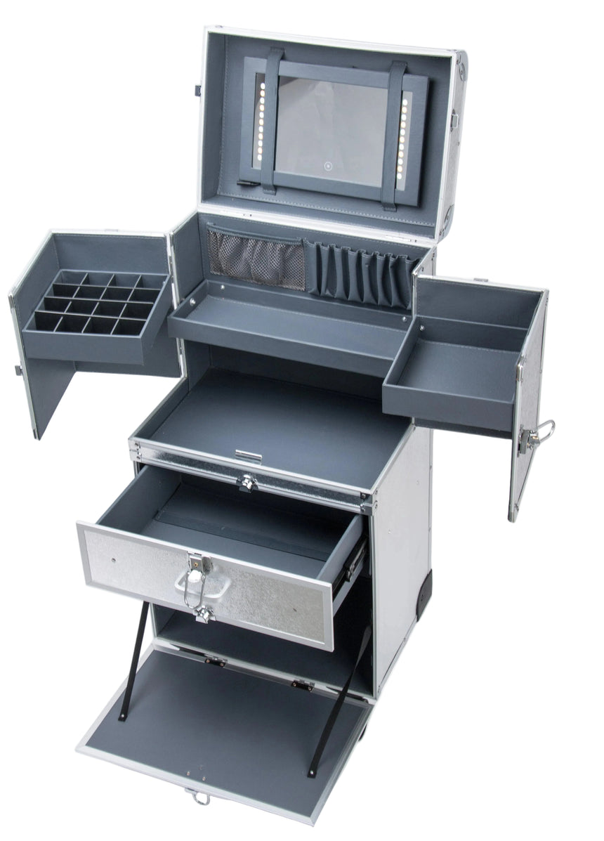 Makeup vanity case with multiple compartments on a white background