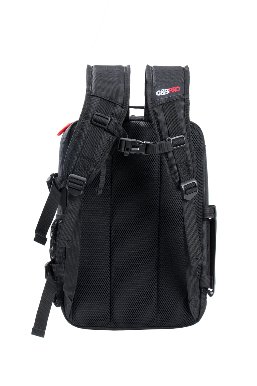 Black backpack with visible branding on a white background