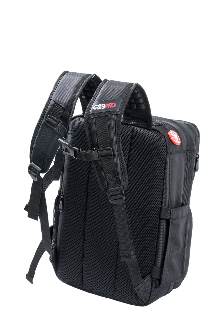Black backpack with visible brand logo on a white background