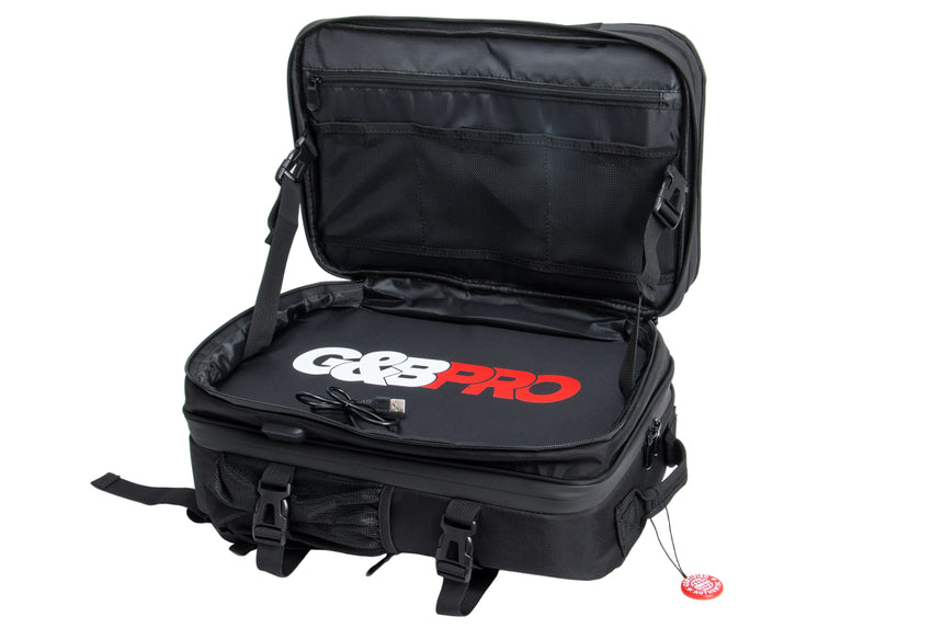 Black backpack with GoPro logo on a white background