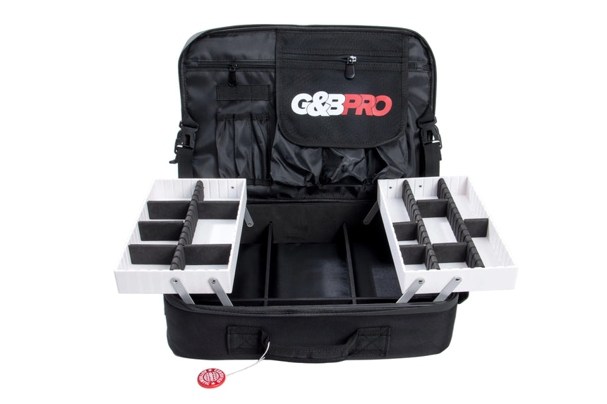 Black carrying case with white trays and G&G Pro branding on a white background