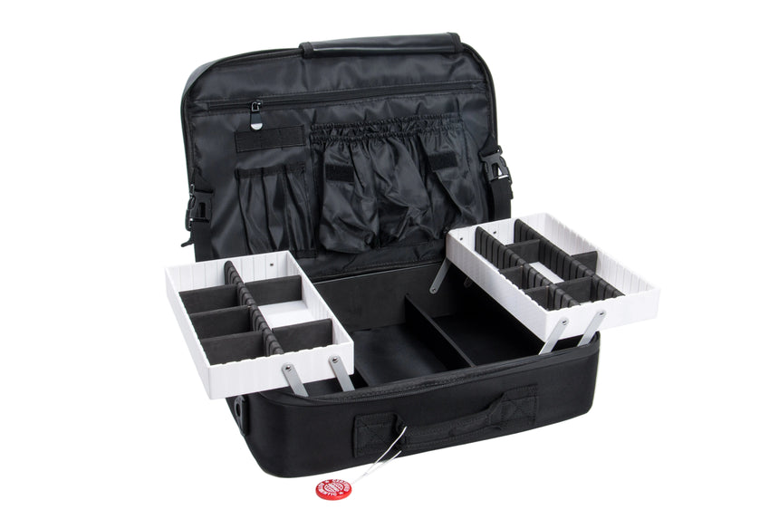 Black travel case with white interior compartments on a white background
