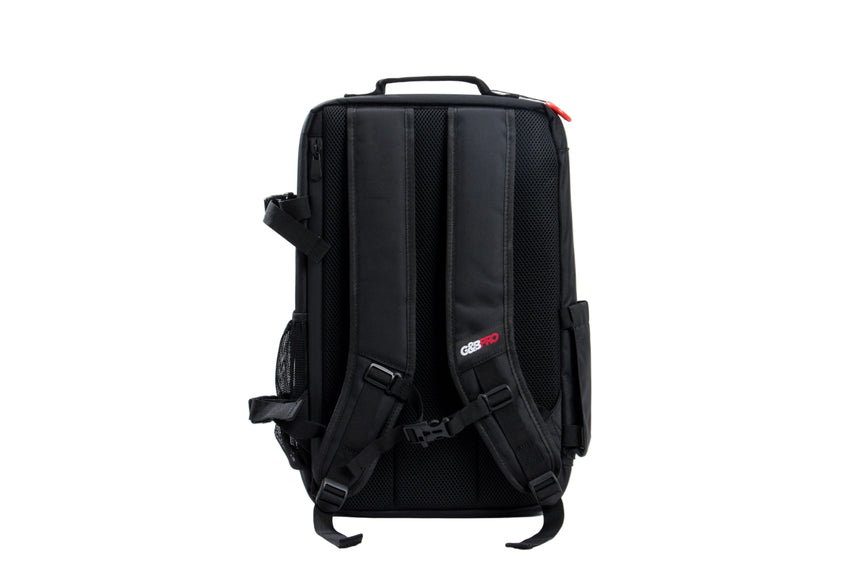 Black backpack with visible branding on a white background