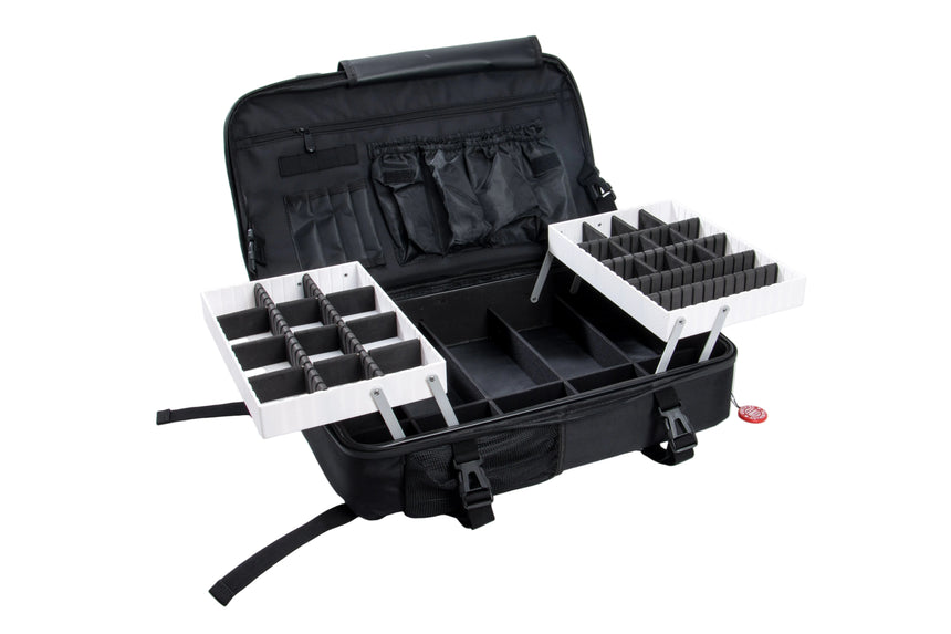 Black fishing tackle box with white trays on a white background