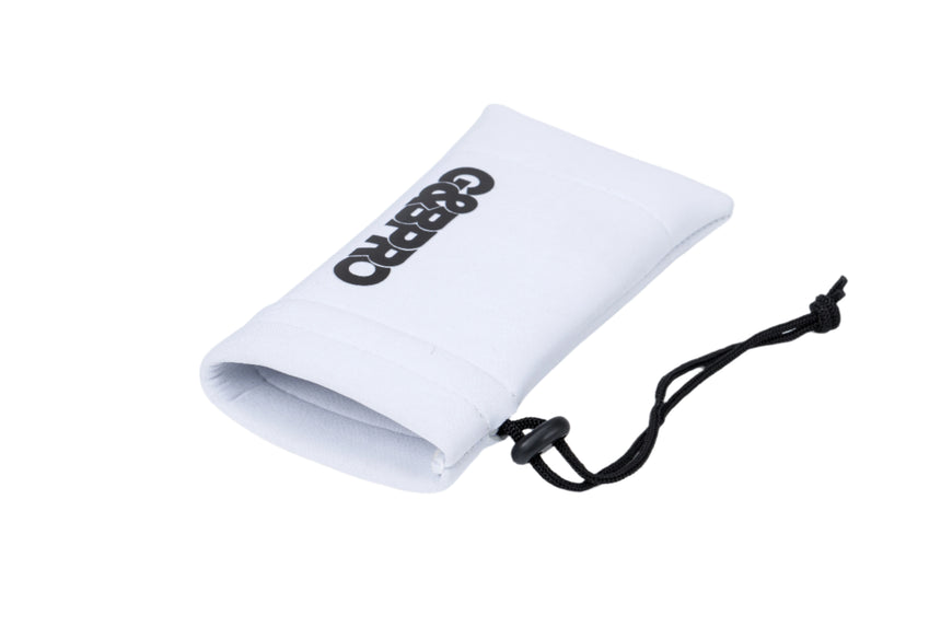 White drawstring pouch with black Adidas logo on a light gray background