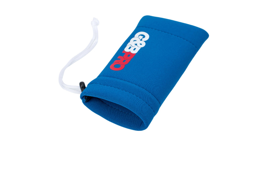 Blue sweatshirt sleeve with a logo on a white background