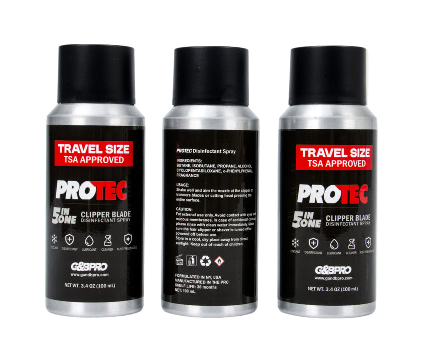 Three travel-sized PROTEC clipper blade containers on a white background