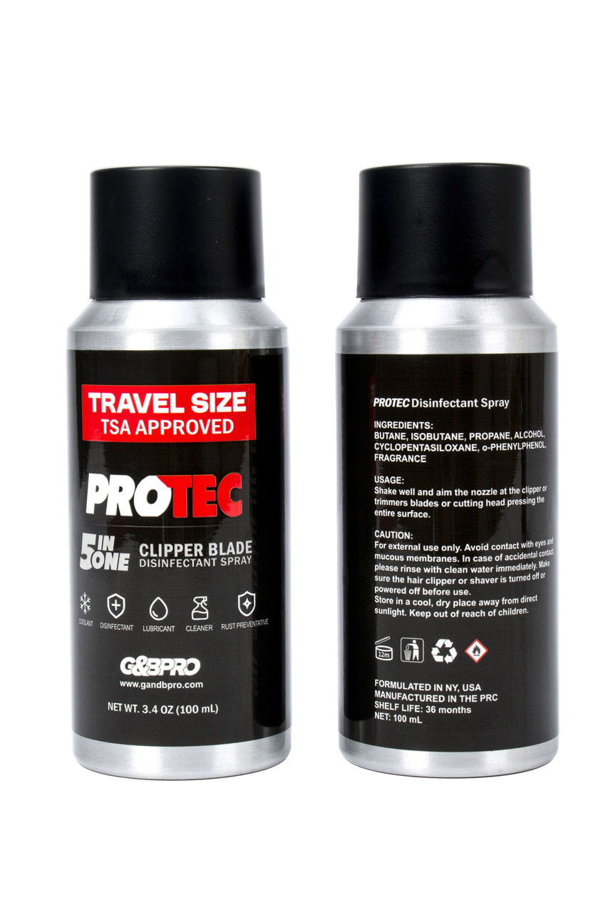 Two travel-sized PROTEC disinfectant spray bottles on a white background
