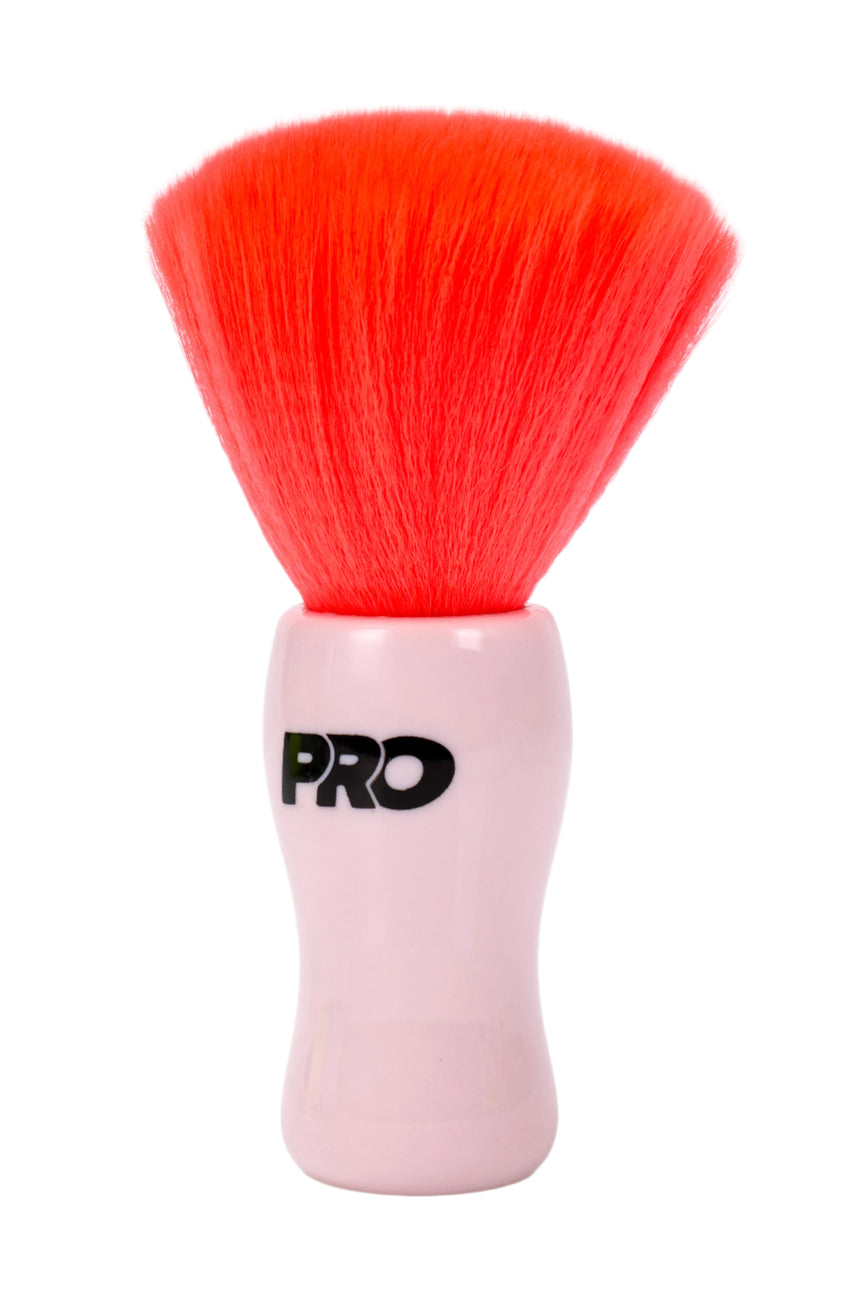 Pink makeup brush with red bristles on a white background