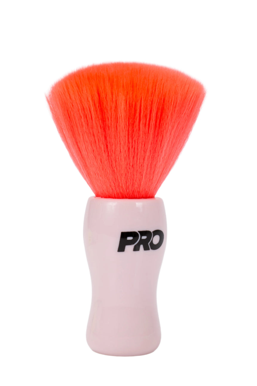 Shaving brush with red bristle head and white handle featuring 'PRO' branding on a light gray background