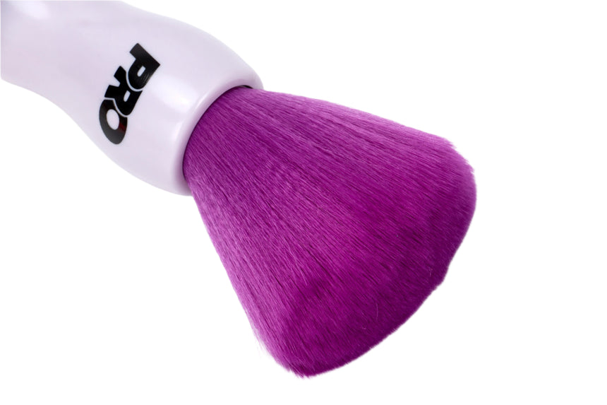 Makeup brush with purple bristle head and white handle on a white background