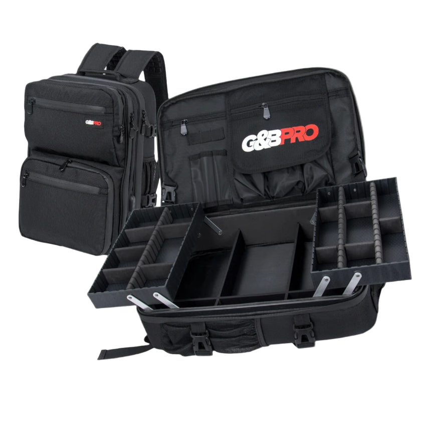 A black mid-sized backpack with a mobile workstation feature, displayed with various compartments and a logo on the front.