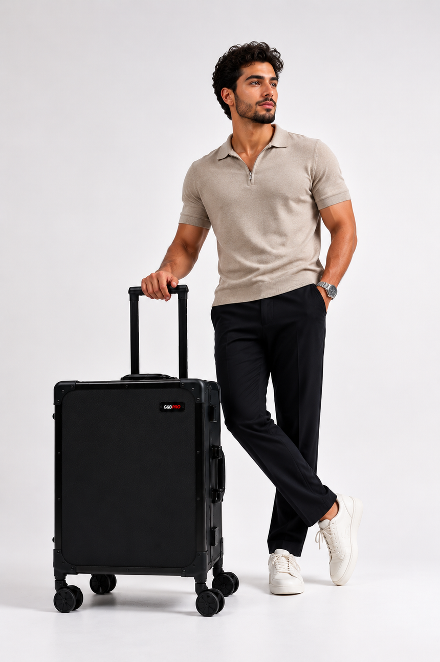 Man holding a black suitcase on a white background