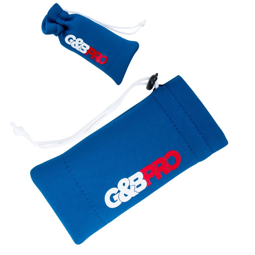 Two blue drawstring bags with G&B Pro branding on a white background