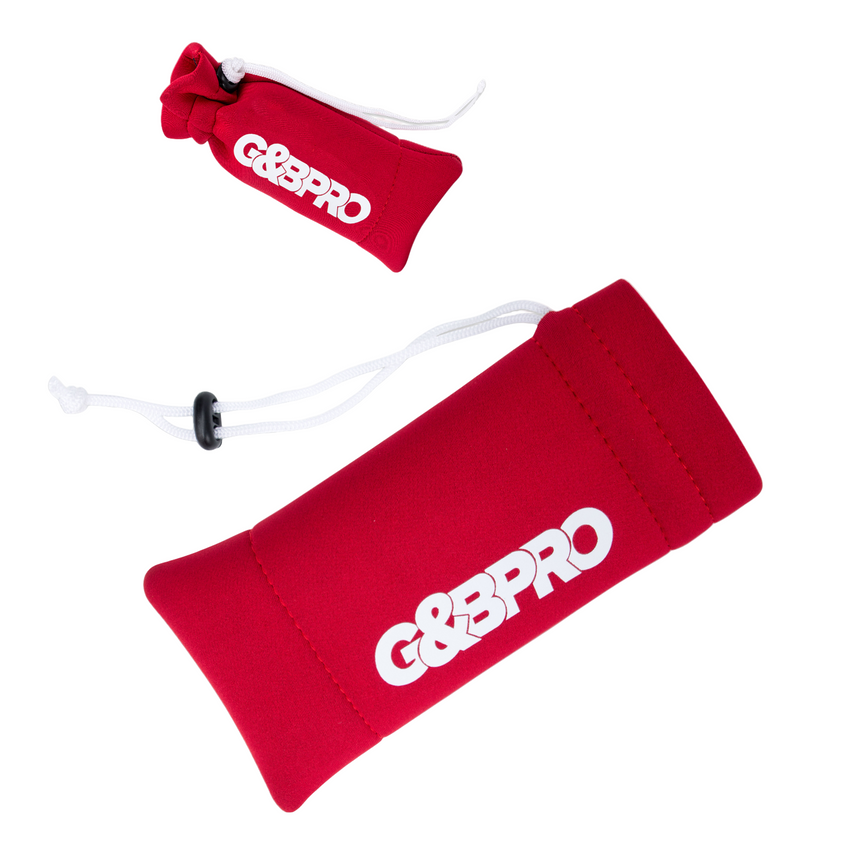 Red GoPro pouch with white logo on a white background