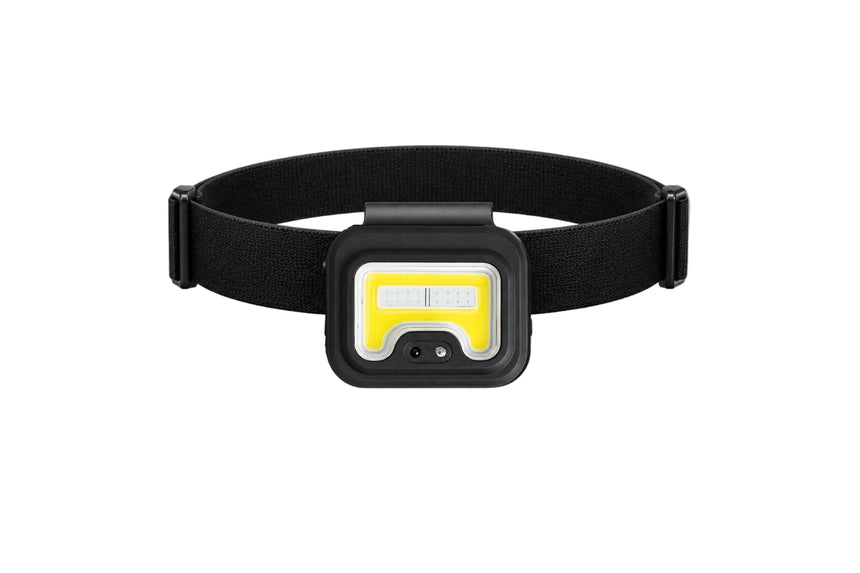 Black headlamp with yellow label on a gray background