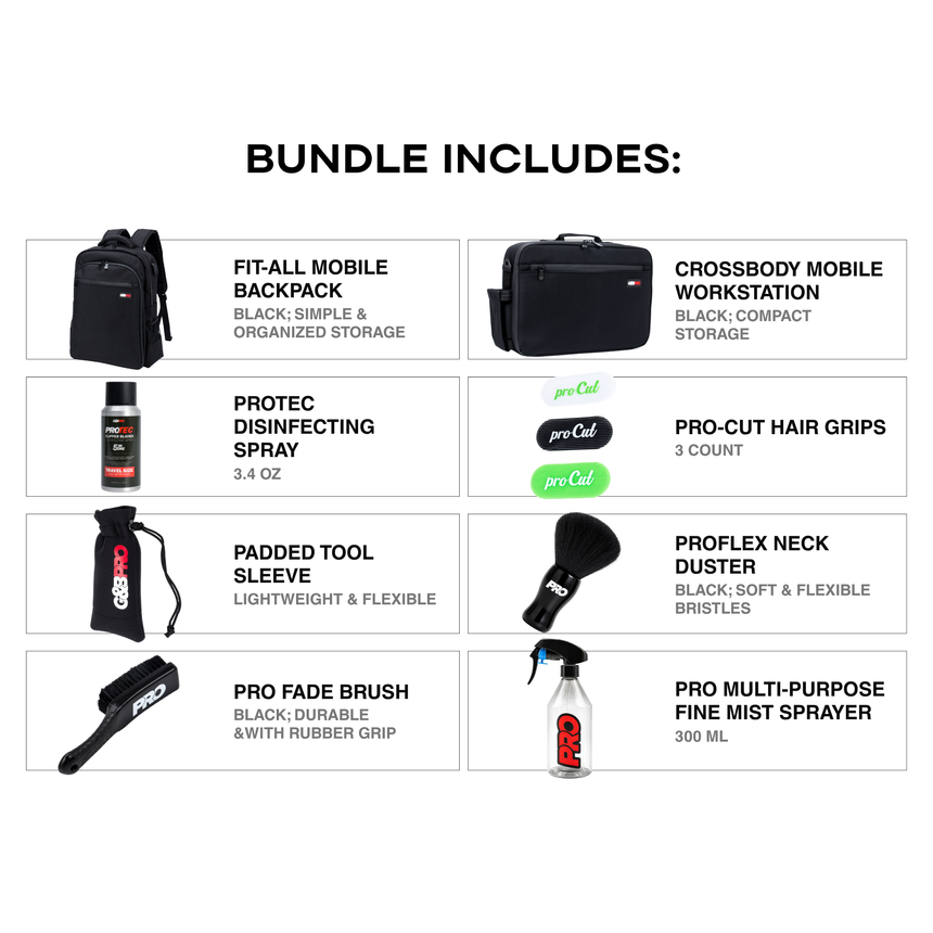 A bundle inclusion graphic showing multiple beard grooming and travel accessories arranged in a grid with text labels: a black backpack, a black crossbody mobile workstation, disinfecting spray, hair grips, a padded tool sleeve, a neck duster, a fade brush, and a mini sprayer.