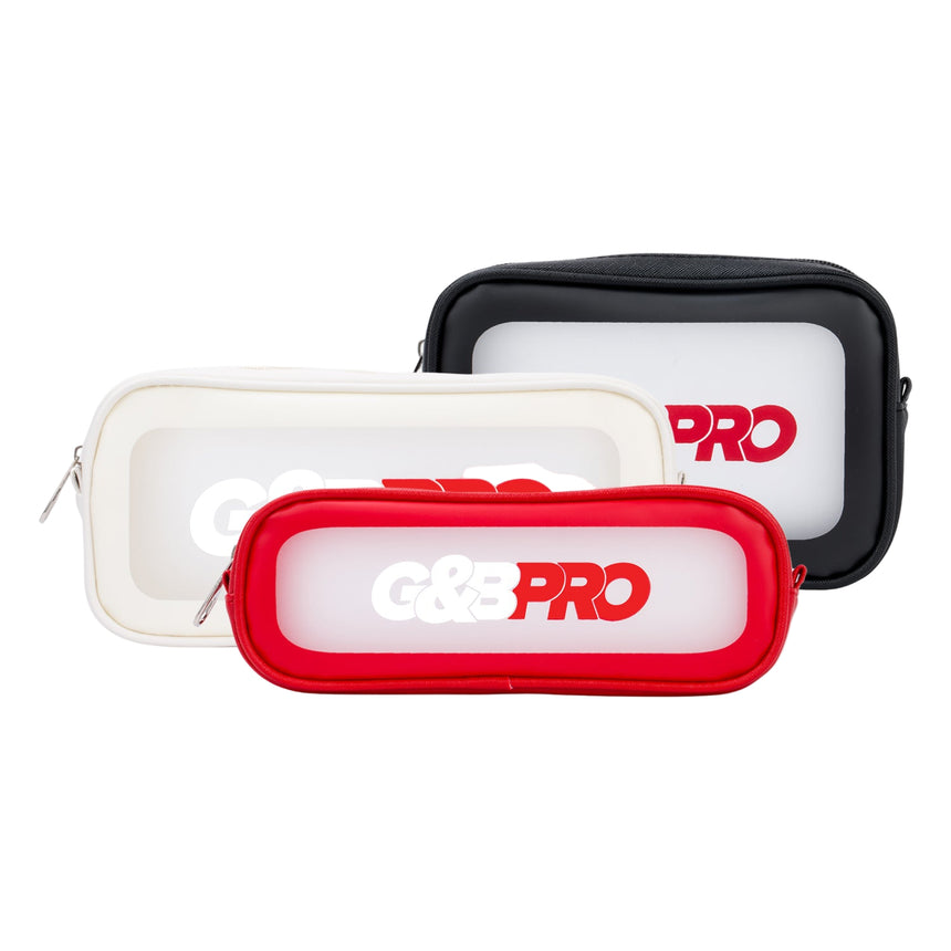Set of three vegan leather packing cubes in red, white, and black colors with a visible logo 'G&B PRO' on the front, featuring a PVC viewing window.