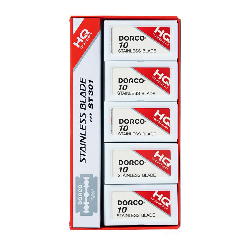 Pack of Dorco stainless blades with HQ branding on a white background