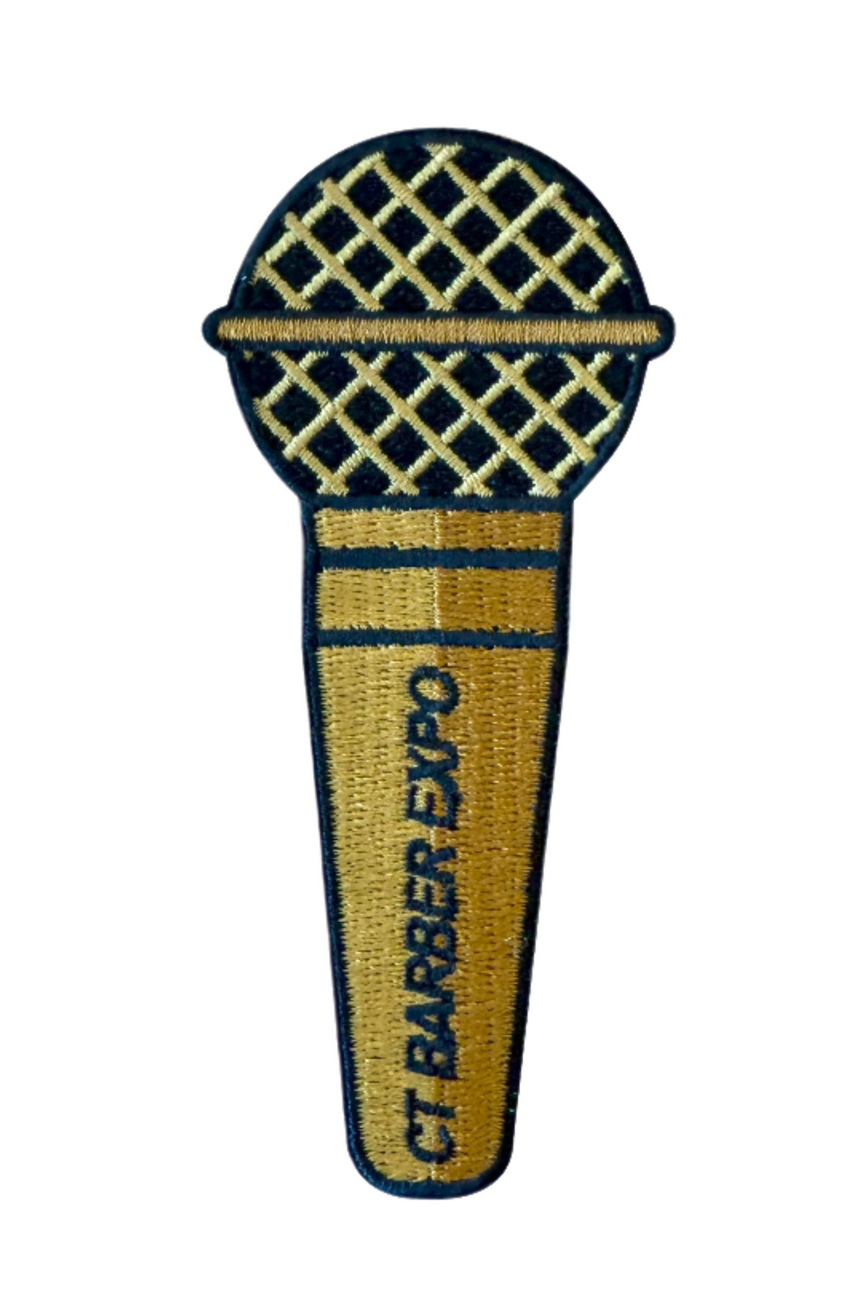Microphone-shaped patch with 'CT Barber Expo' text on a white background