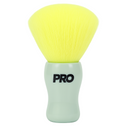 Yellow makeup brush with a green handle and 'PRO' branding on a white background