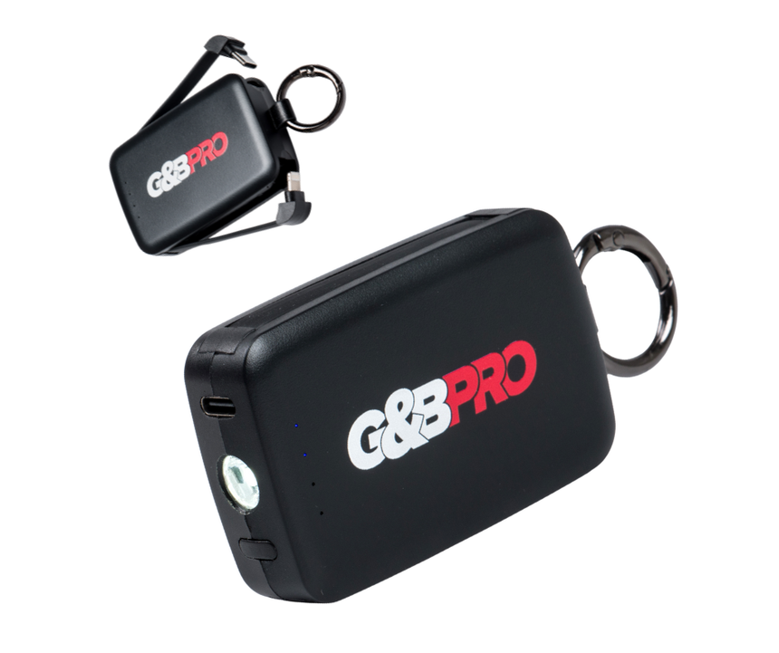 Black G&B Pro device with keychain on a white background