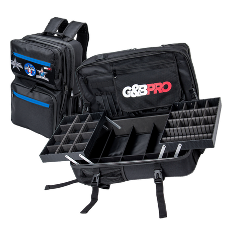 Black G&G Pro backpack with open compartments on a white background