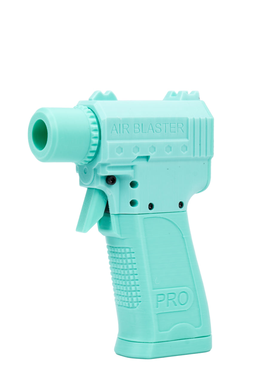 Turquoise air blaster toy gun on a white background
