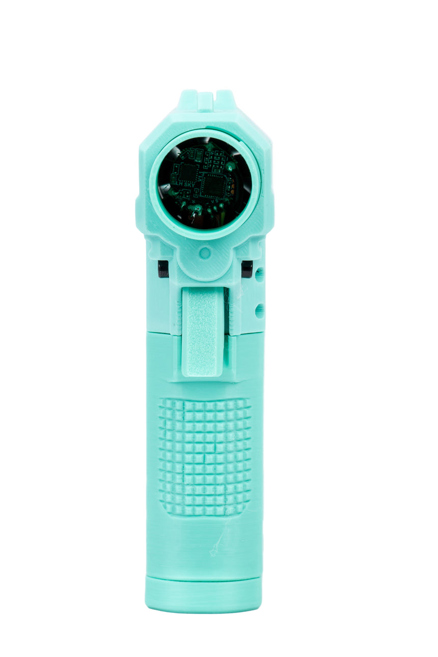Turquoise lighter with digital display on a white background