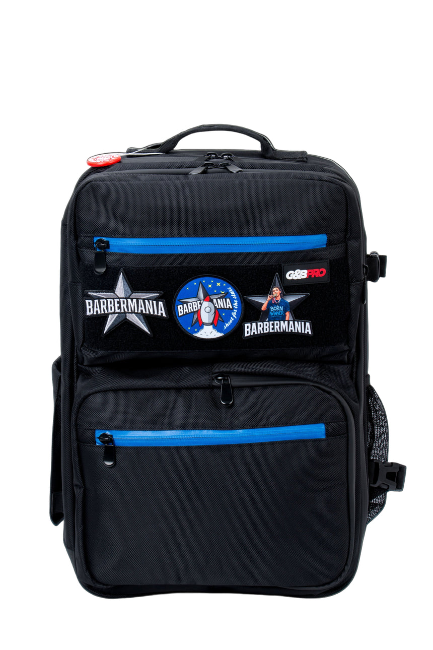 Black backpack with Barbermania logos on a white background