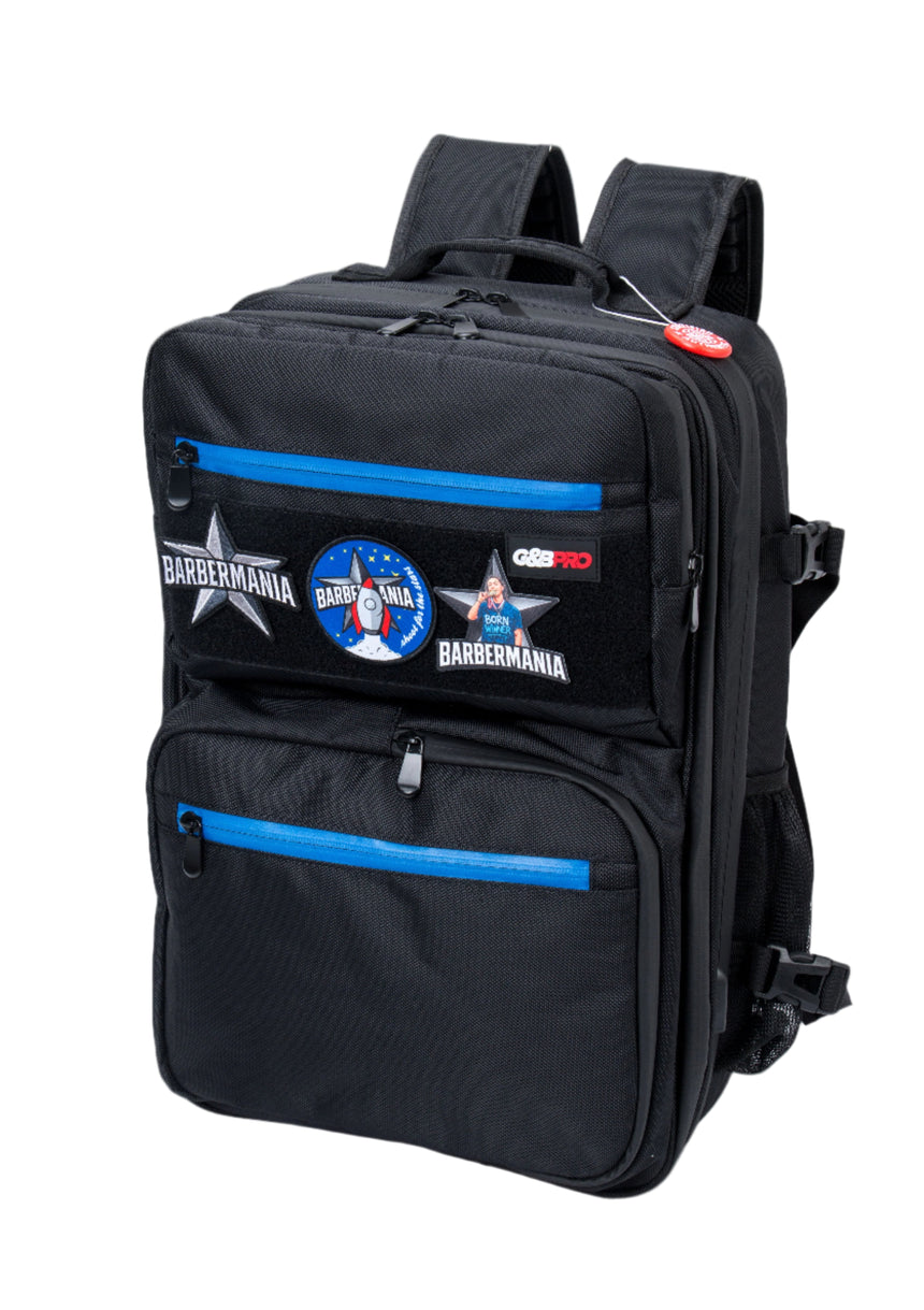 Black backpack with blue zippers and Barbermania logos on a white background