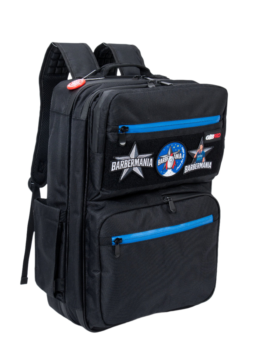 Black backpack with Barbermania logos on a white background