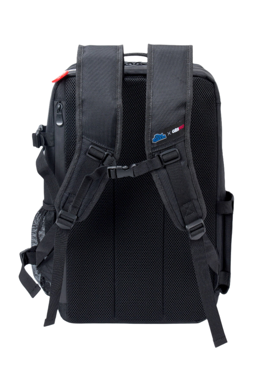 Black backpack with visible branding on a white background