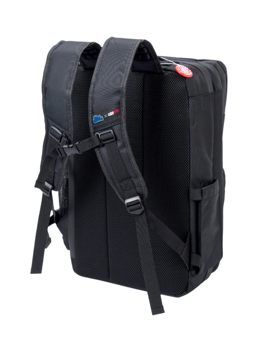 Black backpack with visible branding on a white background