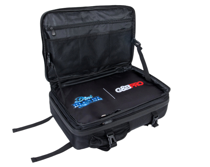 Black travel bag with open lid showing a laptop inside on a white background