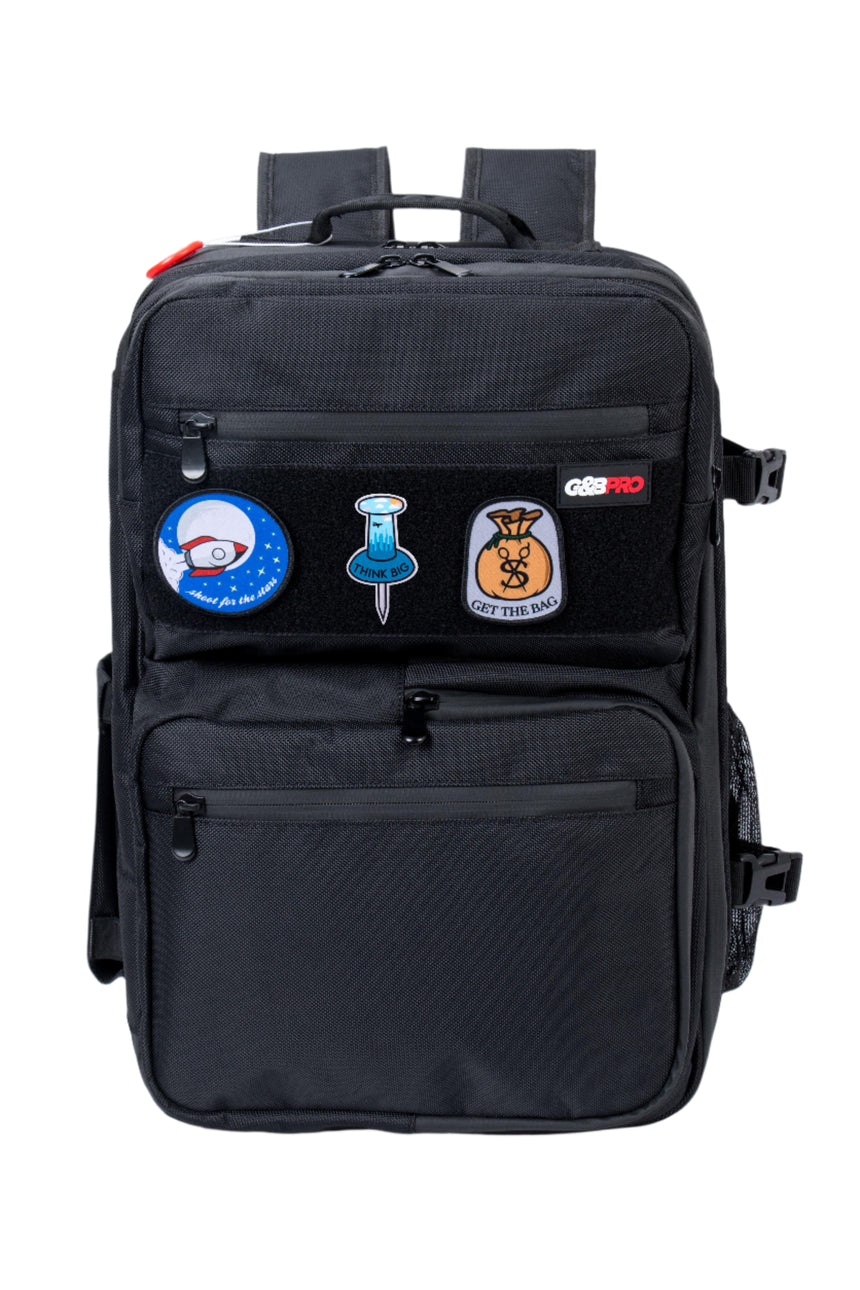 Black backpack with various stickers on a white background
