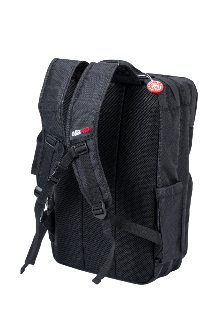 Black backpack with visible branding on a white background