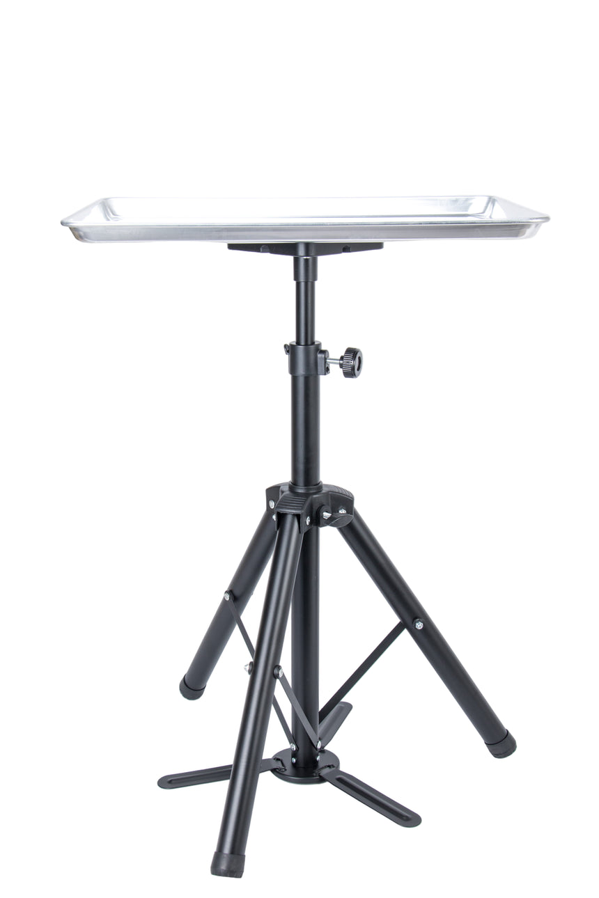 Black adjustable stand with a white platform on a white background