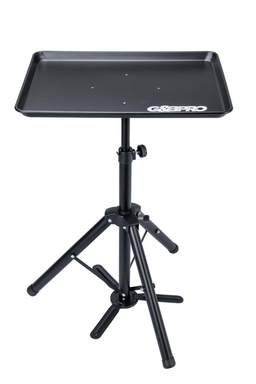 Black adjustable stand with a tray on top, featuring GoPro branding, against a white background.