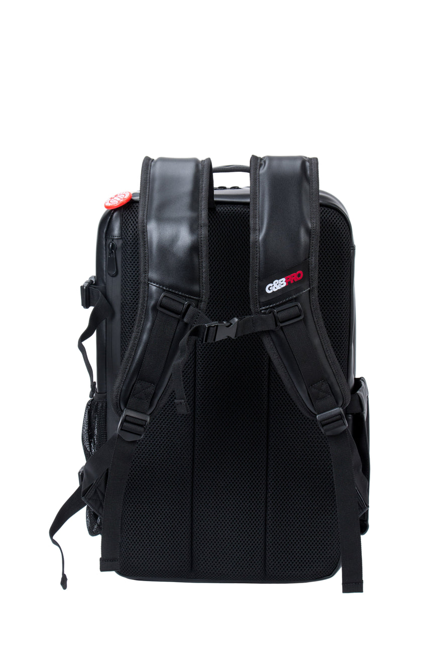 Black backpack with visible brand logo on a white background