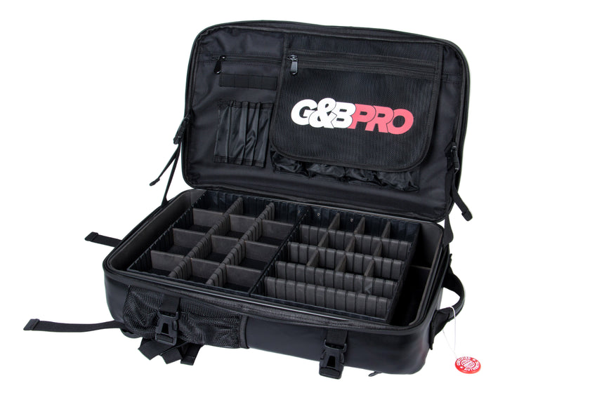 Black G&G Pro case with compartments on a white background